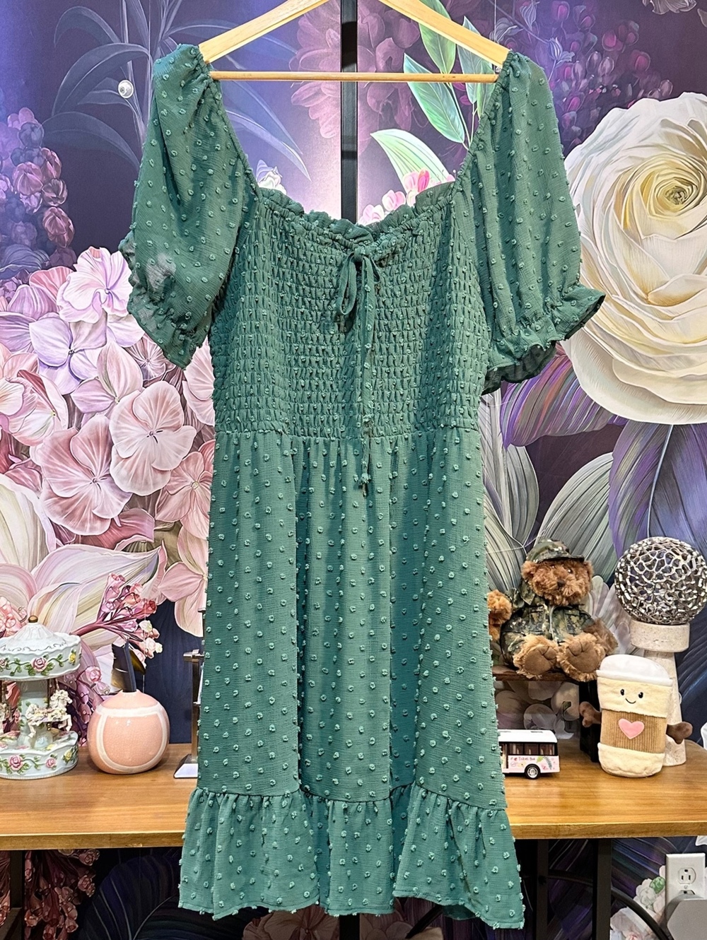 AS U WISH 1X Juniors Swiss Dot Smocked Fit & Flare Dress Puff Sleeve Cottagecore